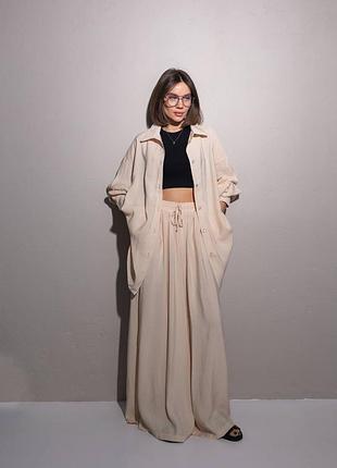 ❗️ 4 кольори ❗️ жіночий літній оверсайз костюм модал сорочка та штани палаццо якісний стильний чорний кремовий пудра коричневий