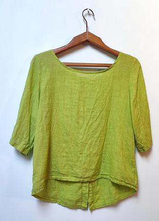 Льняная стильная итальянская блуза салатовая зеленая рукав свободный крой