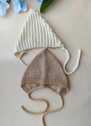 Чепчик эльф вязаный тонкая шапочка для новорожденных