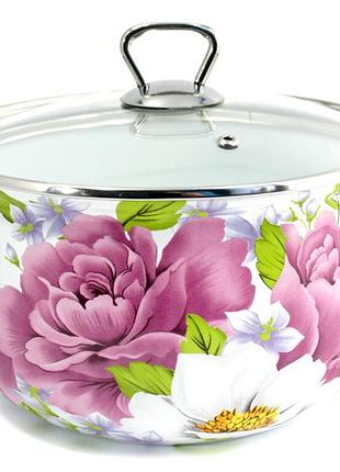 Кастрюля эмалированная interos пион с крышкой 5,1 л 22 см белая (2545)