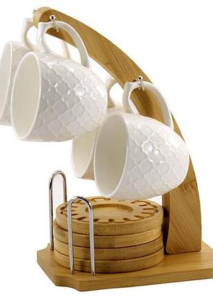 Набір посуду interos з 4 предметів порцелянових чашок на дерев'яній стійці 160 мл білий (pj02622 a)