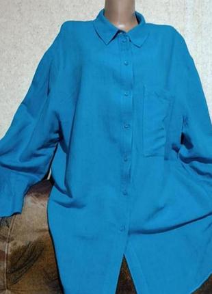 Красивая бирюзовая рубашка 50% льна
 батал