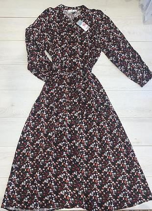 Довге плаття сукня на гудзиках під пояс з довгим рукавом в квітковий принт нове primark 16 44 m-l