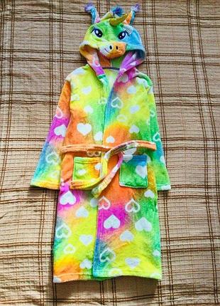 10-11 рок. disney халат единорог с мордочкой на капюшоне, радужный из последней коллекции. флисовый, махровый, пушистый, теплый, банный, на море или в