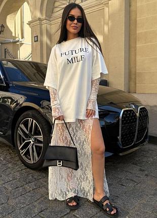 Юбка макси кружевная и перчатки женский комплект гипюровый вечерний праздничный стильный трендовый белый молочный