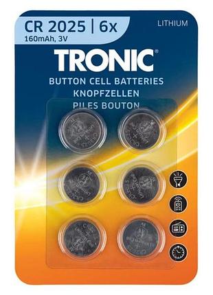 Батарейка cr2025, tronic, 160 mah, 3v, блистер 6 шт