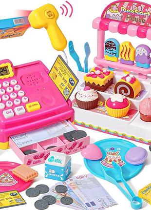 Детская игрушечная касса 2 в 1 с калькулятором, сканером и десертами