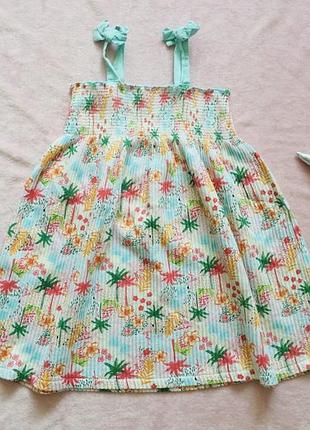 4-5 рок. matalan натуральный сарафан из фактурной ткани, с тропическим принтом, состояние нового, без следов носки. длина 62; пог 26 резинка