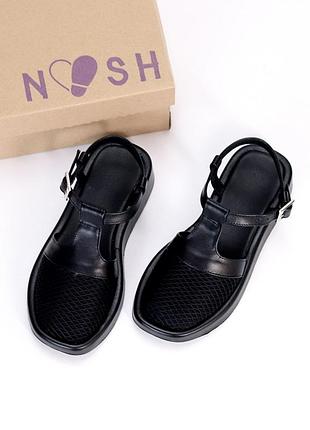 Натуральні шкіряні чорні закриті босоніжки - відкриті туфлі в сітку
