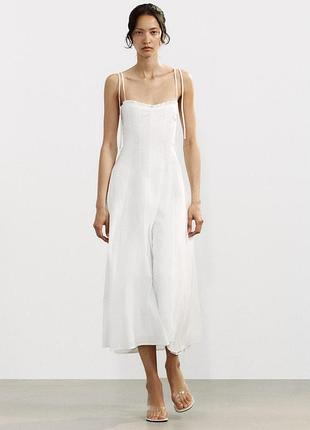 Біла поплінова сукня середеньої довжини з воланами zara