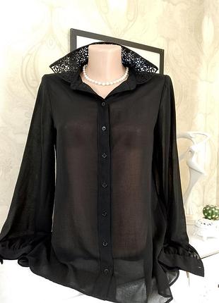 Рубашка шифоновая удлиненная с рукавами кружный воротник классический однотонная легкая женская