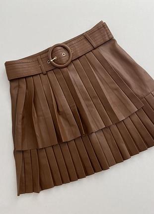 Кожаная коричневая юбка с поясом/рюшами зара/zara