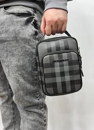 Premium | чоловіча сумка через плече класична щоденна burberry шкіряна через плече сіро-чорна ділова сумка