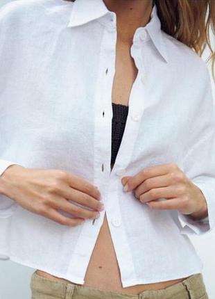 Актуальная белая укороченная женская рубашка рубашка блуза блузка лен лен бренд зара zara, р.xs