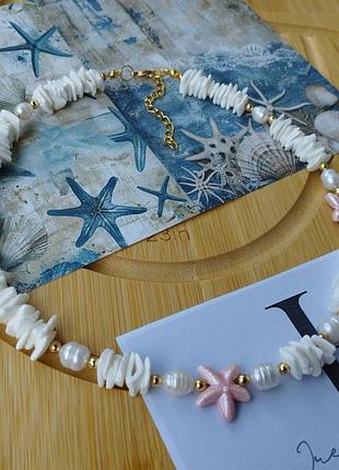 Чокер из ракушки жемчуга и керамических бусин handmade