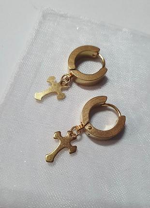 Круглые серьги с крестом крест позолота