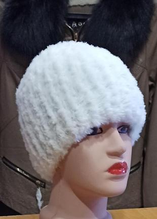 Женская меховая шапка ручной работы, пряжа мех,  цвет мятный, р. 56-58.