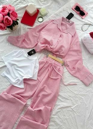 Женский костюм тройка в полоску полосатый широкие брюки брюки и + рубашка голубой розовый льняной