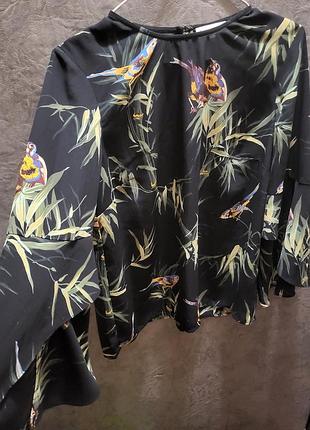 Блуза кофточка с птичками рукава фонарики колокольчики женская