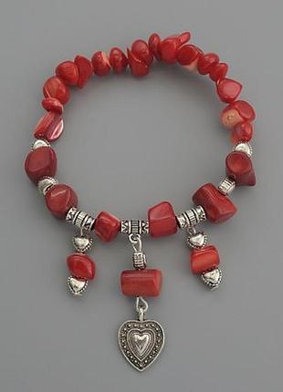 Браслет  корал стовпчик + перламутр + метал вставки підвіски