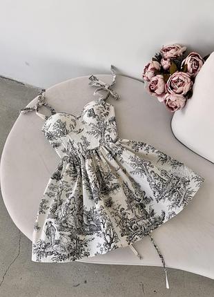 Корсетна коротка бавовняна біла сукня міні на шнурівці на бретелях бантиках в чорний принт малюнок з чашками з бавовни з корсетом