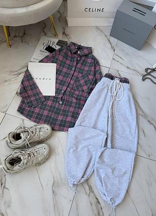 Жіночий костюм штани спортивні джогери джоггери на затяжках в фланелева сорочка котонова