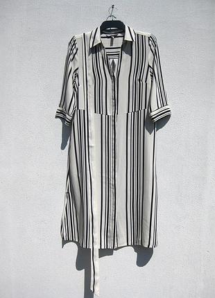 Стильное белое в плоску миди платье рубашка с поясом с карманами h&m