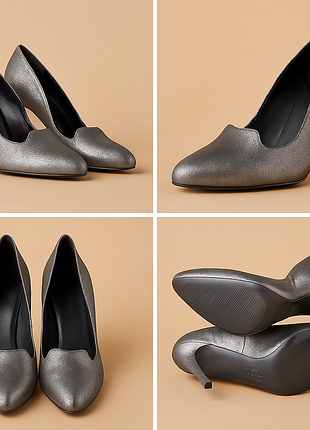 Серебристые кожаные туфли на каблуке