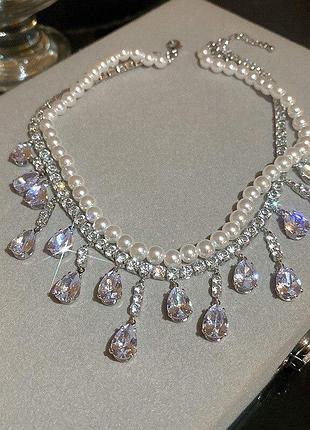 Шикарне кольє зі стразами, кольє з кристалами, чокер на шию з камінчиками та намистинами, чокер з перлинами, прикраса на шию, намисто, буси