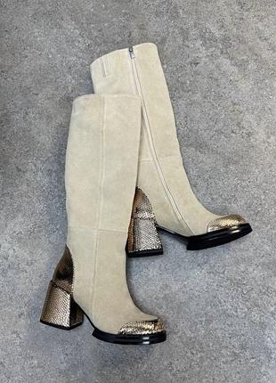 Вишукані світлі чоботи maria натуральна замша та шкіра металік зима демі сезон 36-40