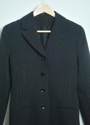 Винтажный приталенный удлиненный пиджак жакет черный в полоску шерстяной скидки 1+1=32 фото