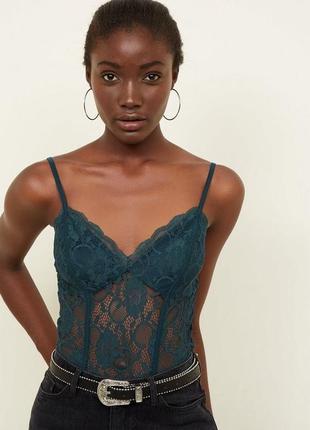 Смарагдове мереживне сітчасте боді new look