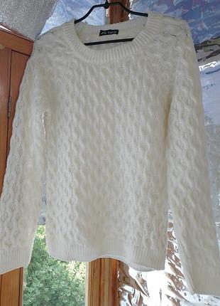 Свитер белый 10 с реглан, вязаный узор ромб, шерсть акрил, женский