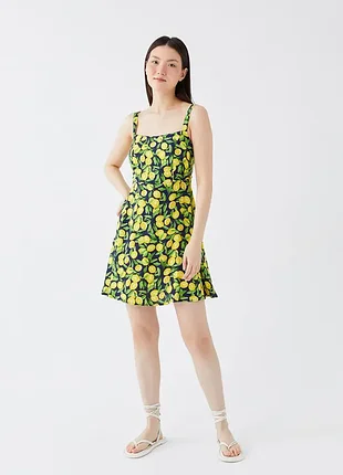 Lc wakiki платье с квадратным воротником, узорное с лимонами синяя желтая s