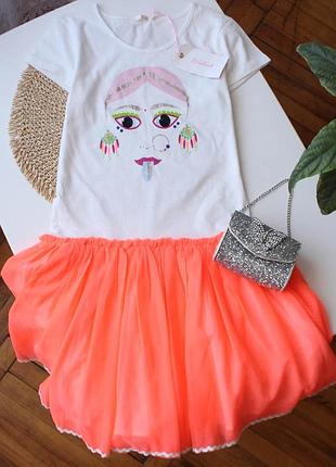 Комбинированное качественное платье с фатиновой юбочкой и интересным принтом billieblush 12 лет