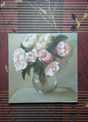 Картина маслом, ваза пионов, 40/40