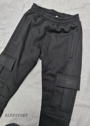 Штаны карго с накладными карманами утеплённые брюки с начёсом на флисе осень зима8 фото