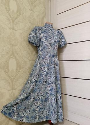 Платье бохо ретро с поясом цветочный принт короткий пышный рукав на резинке трапеция