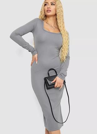 Плаття сіре міді обтягуюче з довгим рукавом дайвінг з круглим вирізом