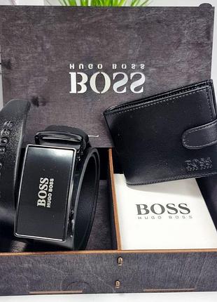 Кожаный кошелек для мужчины воss мужской подарочный набор ремень и портмоне на защелке в коробочке босс