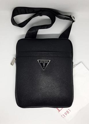 Мужская сумка кожаная через плечо guess качественный черный мессенджер стильная брендовая барсетка гесс