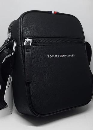 Мужская кожаная сумка через плечо тоmmy нilfiger классическая барсетка черного цвета мессенджер стильный томми