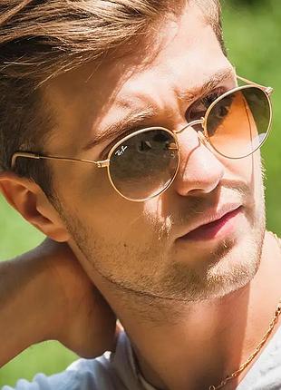 Мужские модные солнцезащитные очки круглые ray ban золотистый с металлической оправой летние
