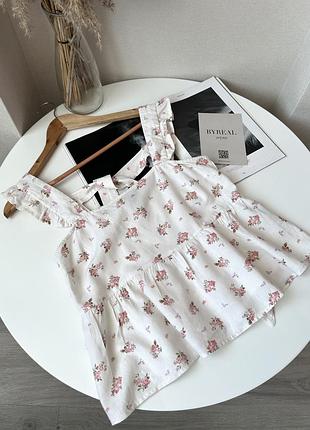 Білий топ блуза в квіти льон з рюшами