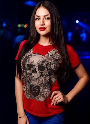 Практичная еластичная футболка красного цвета philipp plein, молниеносная отправка