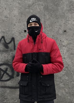 Комплект чоловічий: шапка з додаванням вовни nike чорна + баф флісовий nike чорний + рукавички флісові чорні