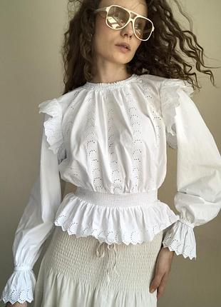 100% бавовна. легка сорочка з прошви блуза біла жіноча на літо дихаюча