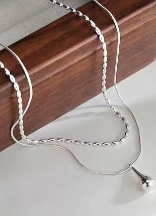 Подвійний посріблений ланцюжок з підвіскою - крапля води.