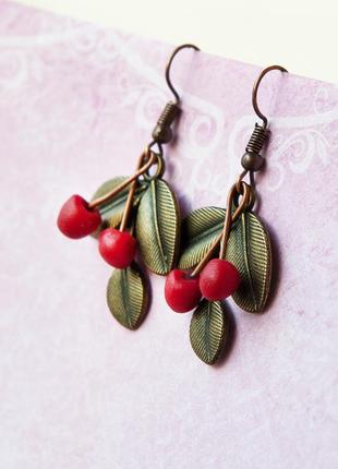 Мініатюрні ерьги вишеньки, сережки з ягодами, ягідні прикраси, черешня, вишня4 фото