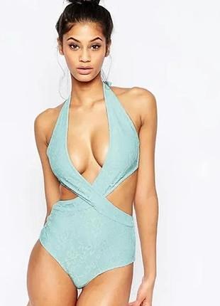 Купальник монокини с кружевом asos wolf &amp; whistle, голубой, цельный,углерод 10 e/f